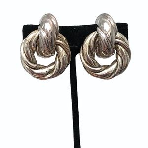 VINTAGE SILVER TONE PUFFY TWIST HUGGIE WITH CIRCLE DROP CLIP ON EARRINGS